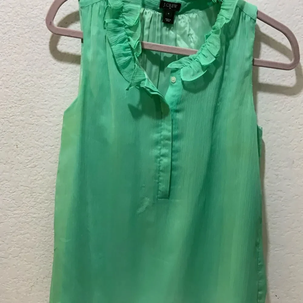 Jcrew Green Ruffle Neck lined Blouse Size 4
